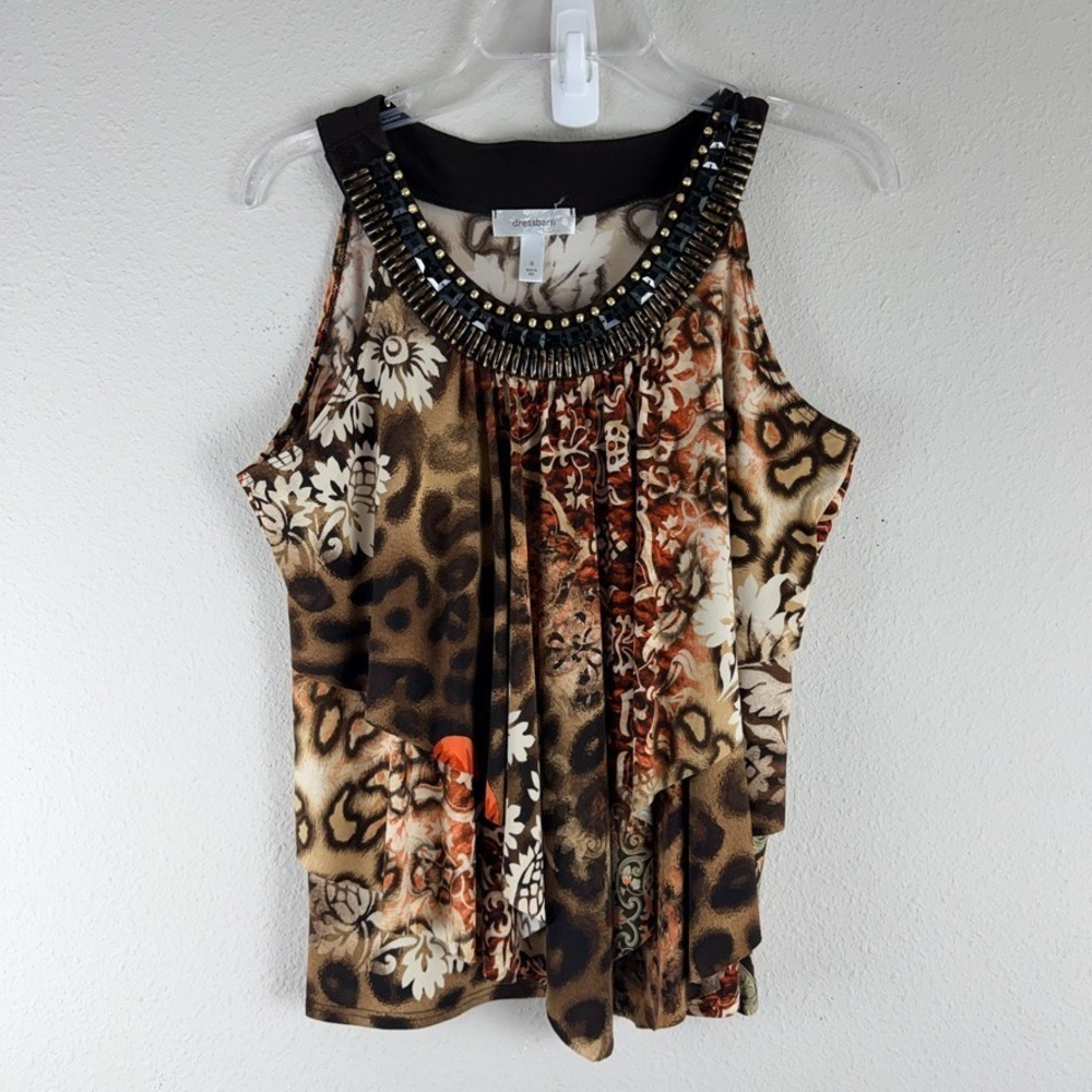 Dressbarn Womens S Blouse Tank Top Leopard Print Beaded Neck y2K 90's Boho